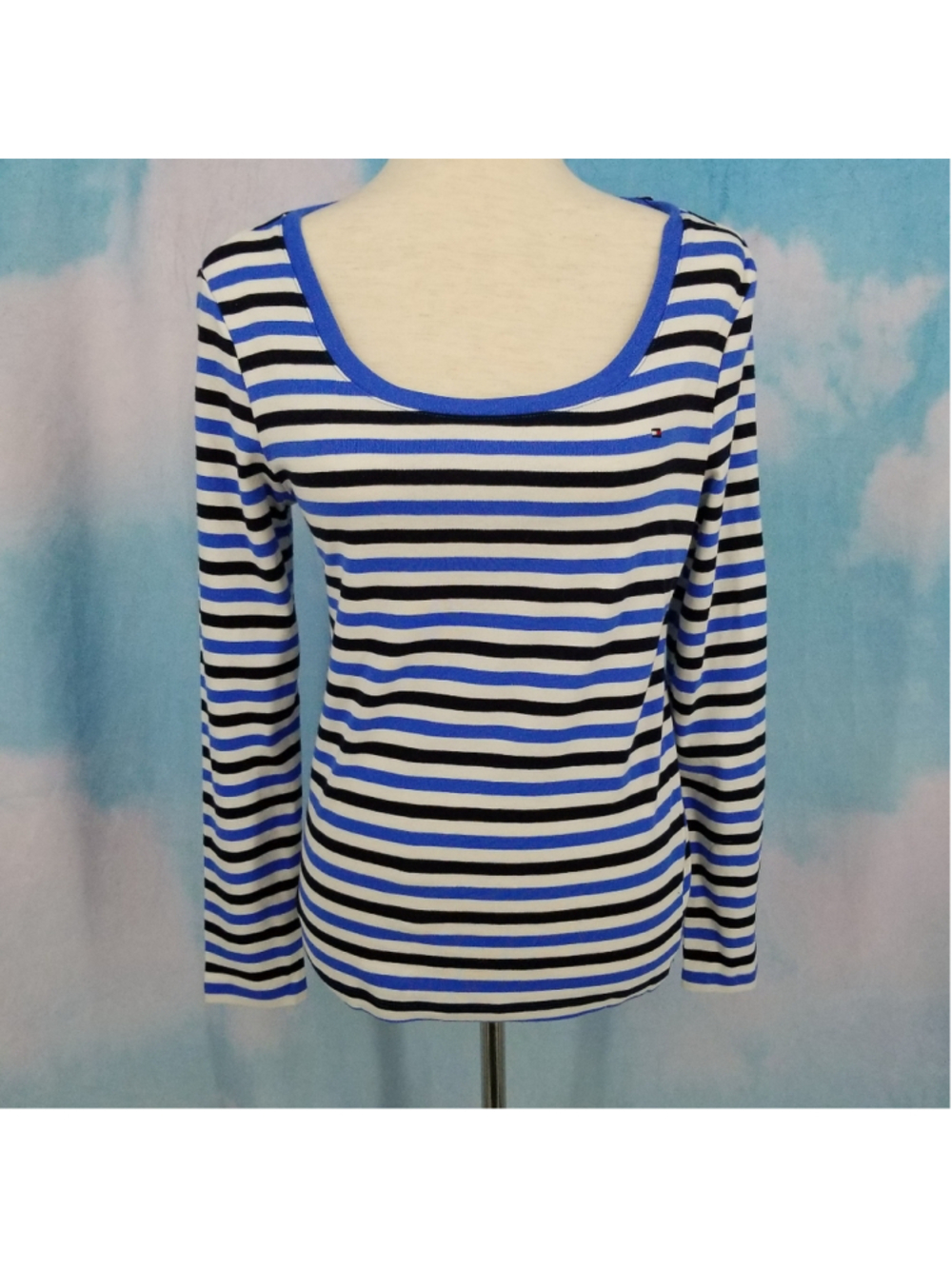 Tommy Hilfiger Stripe Tee Small NWT Blue Black White Long Sleeve Scoop Neck